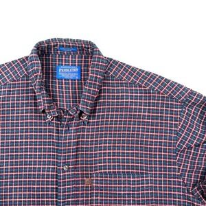 Pendleton Mens Large Cotton Micro Check Plaid Button Down Shirt Teal Red